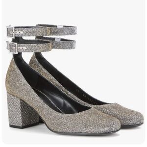 Saint Laurent Silver Metallic Ankle Strap Pump Heels